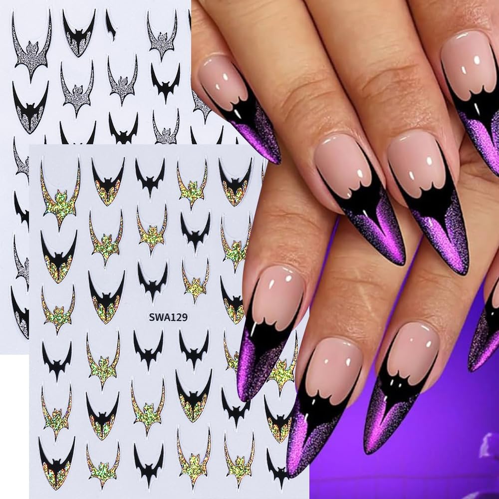 4Pcs Gothic Halloween Nail Art Stickers - Self-Adhesive Black Bat Wing Stickers, Gold/Silver/Glitters Nail Decals, Halloween Nail Art Decals for Manicure, Parties, Everyday Gothic Nail Decorations