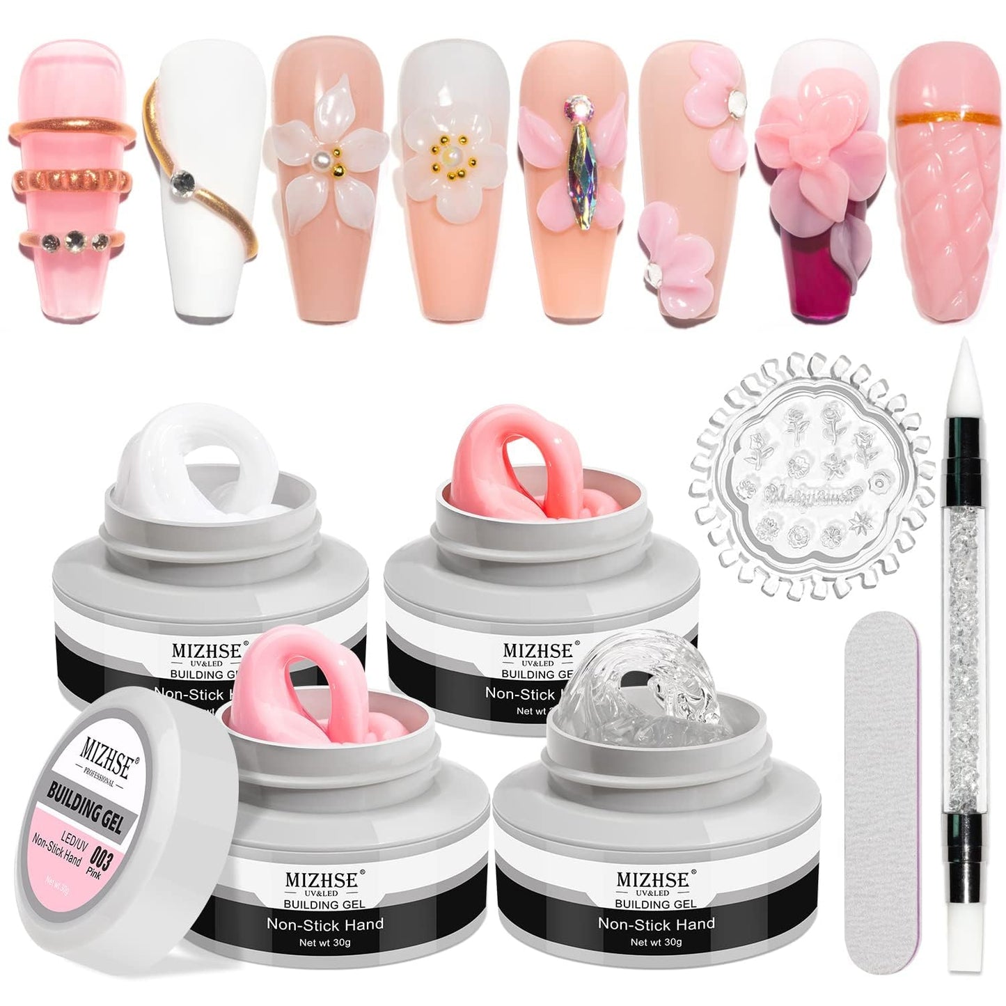 MIZHSE Solid Builder Gel, Nail Sculpture Gel Non-Sticky 4 Colors Nude Clear White Pink Hard Builder Gel Nails UV LED Nail Extension Gel For Nail Salon Home Manicure