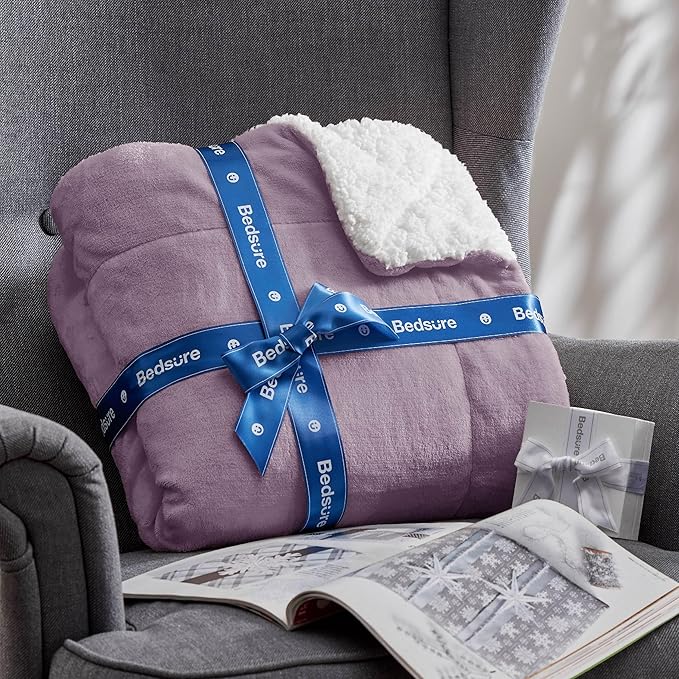 Bedsure Sherpa Fleece Throw Blanket Twin Size for Couch - Thick and Warm, Soft Fuzzy Plush Twin Blanket for Winter, Sea Fog Purple, 60x80 Inches
