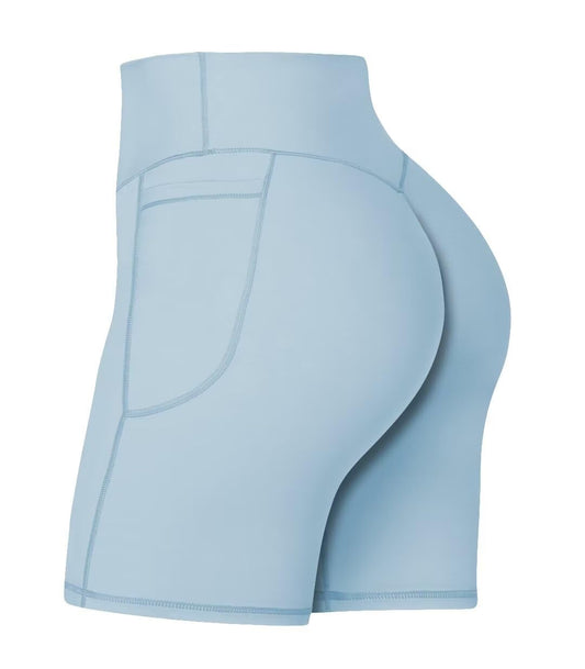 Sunzel No Front Seam Biker Shorts for Women with Pockets, Yoga Workout Gym Bike Shorts with Tummy Control 8" Light Blue X-Small