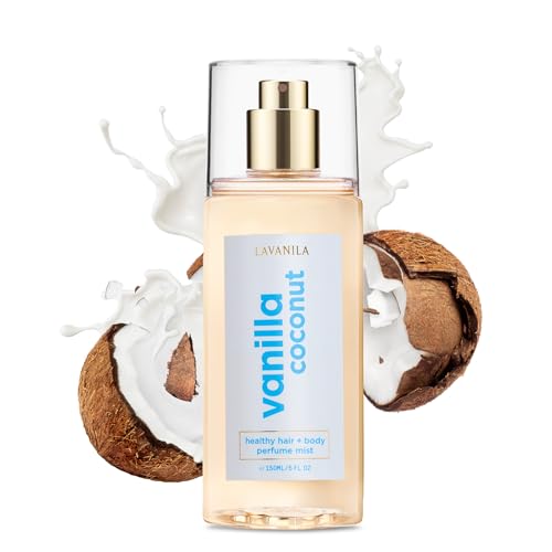 LAVANILA Vanilla Coconut Healthy Hair + Body Perfume Mist, 5 Fl Oz - Sweet & Tropical Fragrance Spray Formulated with Jojoba Oil, Madagascar Vanilla, Coconut, Tahitian Tiare Flower