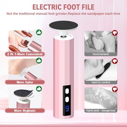 Electric Foot File 2-in-1 Foot Callus Remover with 50pcs Sandpaper Discs, Callus Remover for Feet Professional Pedicure Tool for Dead Skin and Calluses 9 Adjustable Speed/Reversible Rotation - Pink
