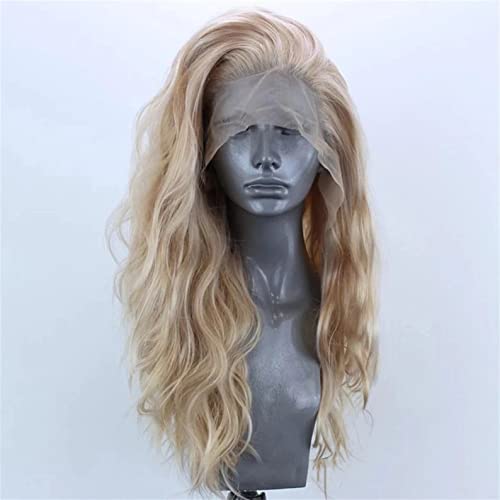 ELESTY Long Natural Curly Glueless Lace Front Wig Gloden Blonde Synthetic Lace Front Wigs for Women Left Part Glueless Heat Resistant Fiber Hair Daily Party Wig …