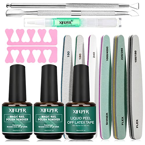 Gel Nail Polish Remover Kit, 2 Pack Gel Polish Remover with Liquid Latex, Nail Buffer and File, Cuticle Tool, Magic Gel Remover, 2-5Mins Remove Gel Polish, No Soaking Wrapping, Gifts for Women
