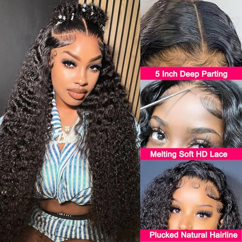 Brazilian Virgin 24 Inch 5x5 HD Lace Closure Deep Wave Wig - Human Hair, Glueless, Pre-Plucked, Deep Curly, 180% Density