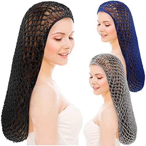 Waydress 3 Pcs Mesh Crochet Hair Nets Rayon Knit Snood Hat Cover 20 Inch Crocheted Sleeping Cap for Women Long Curly Hair