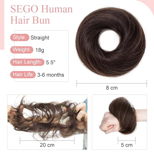 SEGO Human Hair Messy Bun Hairpieces Real Scrunchies Natural Wavy Smoothed Updo Donut Chignon Ponytail Extensions for Women Girls-#02 Dark Brown