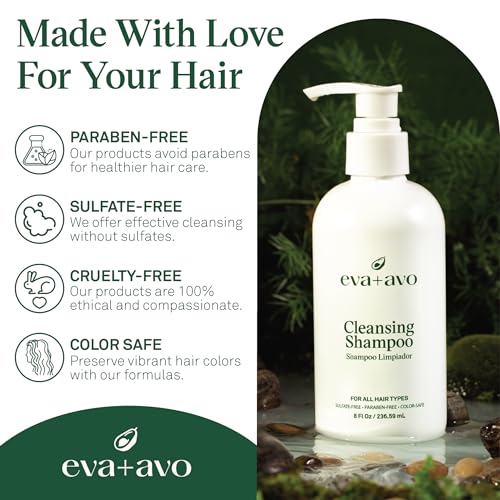 Eva + Avo Cleansing Shampoo with Avocado, Rosemary, Vitamins – Deep Cleansing Shampoo Build Up Remover for All Hair Types – Color-Safe – 2pcs