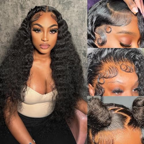 Deep Wave Lace Front Wigs Human Hair 200% Density 13x6 HD Transparent Deep Wave Frontal Wigs Human Hair With Baby Hair(26 Inch)