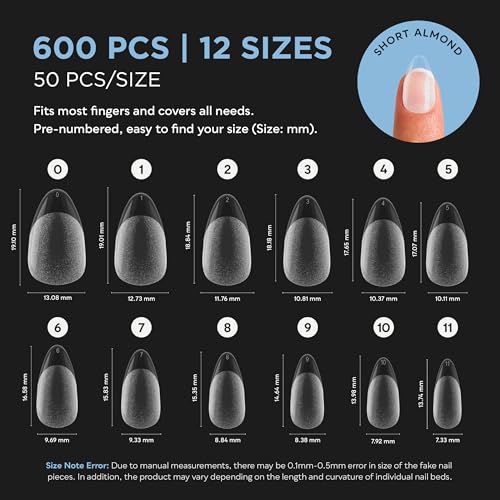 SUNUV Short Almond Nail Tips 600 PCS Pre-shaped Full Cover Fake Nails Acrylic Press On Nails for Salon and DIY at Home