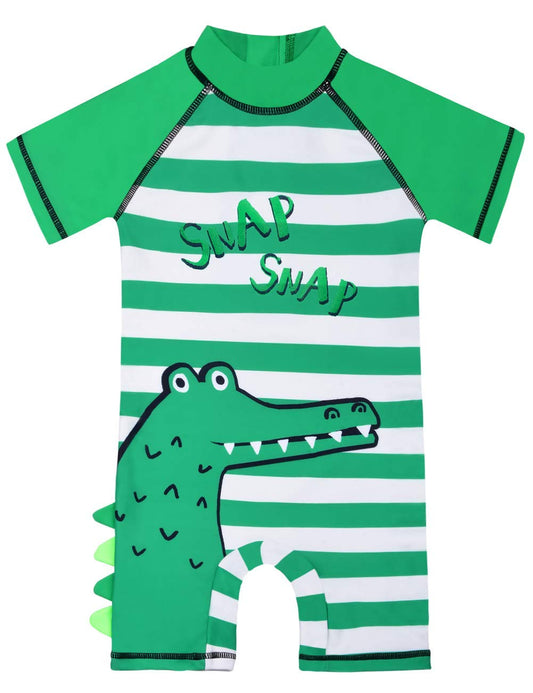 Cadocado One Piece Swimsuit for Boy Rashguard with Back Zipper Bathing Suit Short Sleeve Surfing Suit,Crocodile,5-6 Years