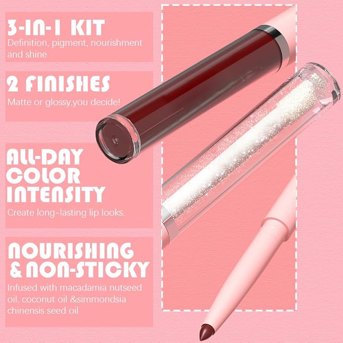 3-in-1Deep Burgundy Matte Lip Stain Kit | Waterproof Lip Liner + Hydrating Matte Lip Gloss + Nourishing Lip Oil | Long Lasting Plumping to Create Perfect Lip Makeup.08#
