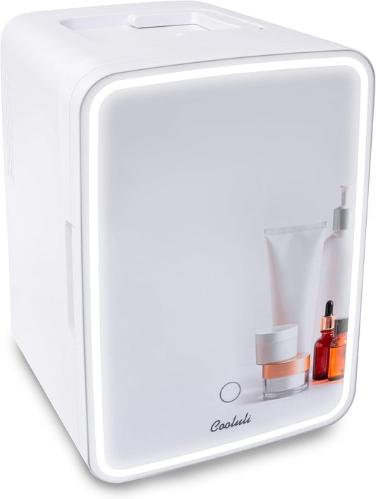 Cooluli Glow 10L Mini Skincare Fridge with Mirror & LED Light - Small Refrigerator for Skin Care, Makeup, Beauty, Cosmetics, Food & Drinks, White