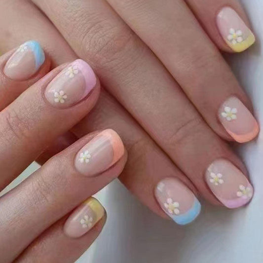 DANMANR Square Press on Nails Short Fake Nails French Acrylic Full Cover False Nails for Women and Girls 24PCS (Multicolour French)