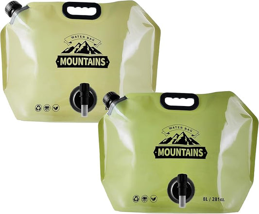 Collapsible 8L Water Storage Bag, BPA-Free Portable Folding Water Jug with Adjustable Faucet, Leakproof Emergency Water Bag for Camping, Hiking, Riding, Outdoor Sport (BEIGE & GREEN, 2)