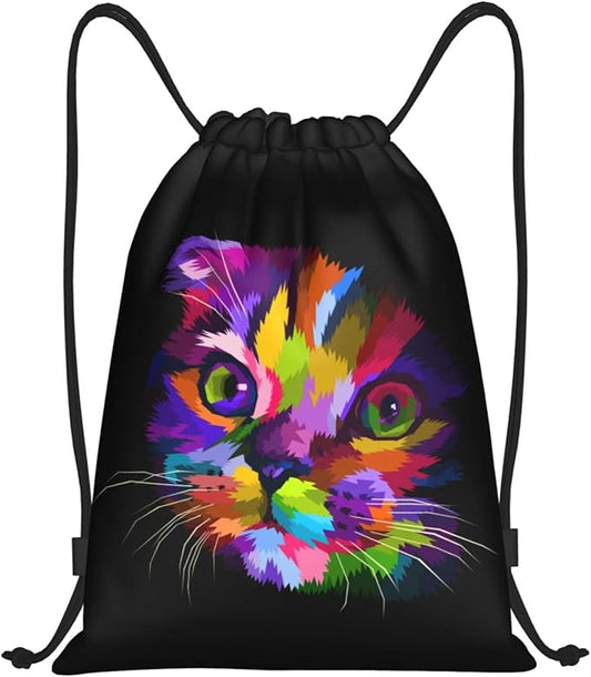 Colorful Cat Drastring Backpack Cute Kitten Gym Bag Sport Dance Training Workout Travel Sackpack Rainbow Clothes Shoes Storage Cinch Bag