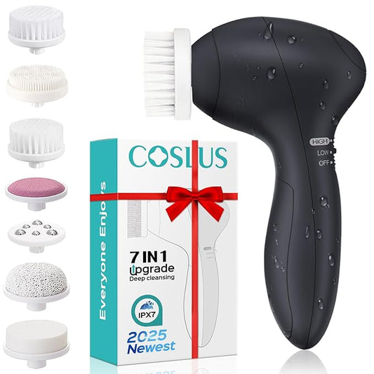 COSLUS Facial Cleansing Brush Silicone Face Scrubber: 7 in 1 FBS-D Electric Exfoliating Rotating Massage Device Waterproof Deep Cleaning Exfoliation Spa Machine - Electronic Skin Care Wash System