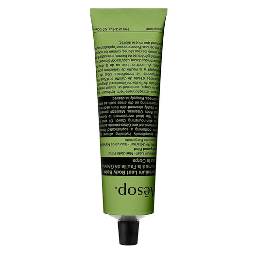 Aesop Geranium Leaf Travel Body Balm | Soften and Hydrate Skin with Nut Oils, Geranium Leaf and Citrus Extracts | 3.4oz / 100mL