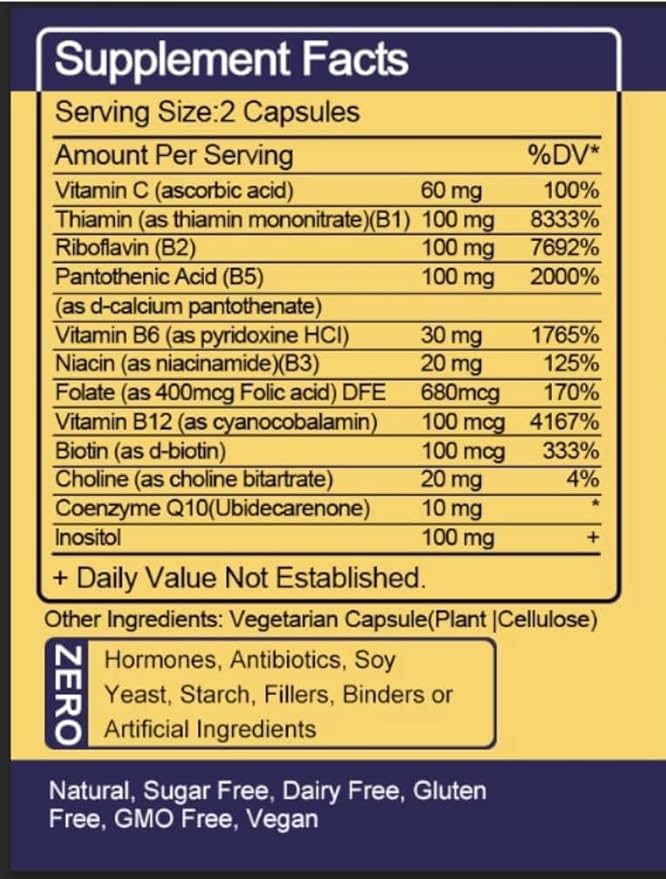 Vitamin B-Complex + CoQ10 + Vitamin C - Max Strength Supplement for Energy, Metabolism Support, 120 Softgels, 60 Day Supply