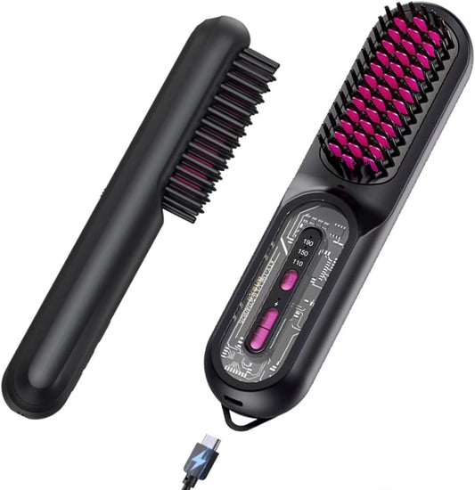 Cordless Hair Straightener Brush for Women - HFcoupe Electric Hot Comb Rechargeable Travel Portable Thermal Brush, Fast Heat Mini Straightening Tools with Ionic, Salon Smooth Styles Anywhere Black