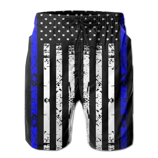 YPTBST Swim Trunks American Flag Thin Blue Line Day Men's Board Shorts Quick Dry Swimming Bathing Suits Cover Up with Pockets, Beach Swimwear with Inner Mesh Lining Large