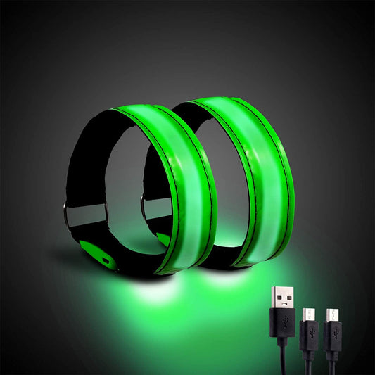 OMKHE Running Light for Runners (2 Pack) Rechargeable LED Armband Reflective Running Gear, LED Light Up Band for Joggers Bikers Walkers(Green)