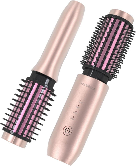 Cordless Hair Curling Iron Brush, Mini Travel Hot Straightener Comb, 3-in-1 Portable Wave Curling Wand, 1.5″ Ionic Heated Brush, USB Rechargeable Hair Curler, Pink – No Automatic Rotation