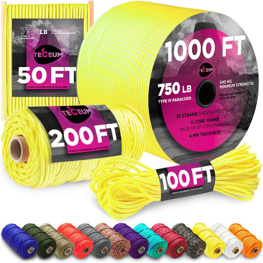 TECEUM Paracord Type IV 750 lb Yellow – 50 ft – 4mm – 100% Nylon Strong Tactical MIL–SPEC Parachute Cord – Survival Rope Emergency Para Cord 11 Strands Core EDC Camping Hiking Military Gear 019a