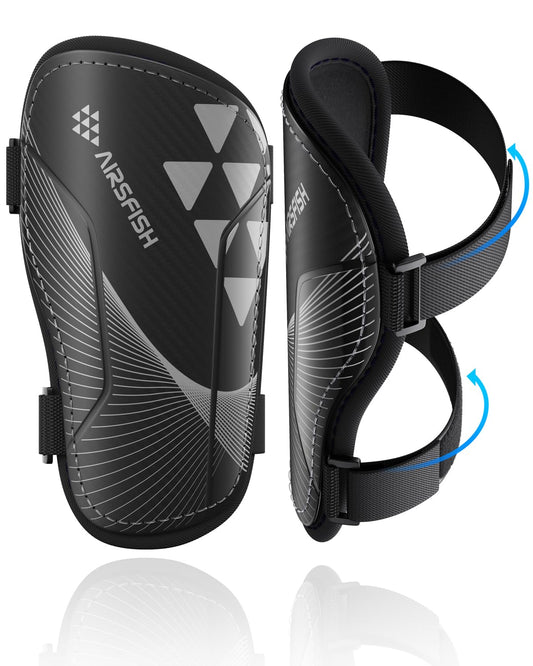 Shin Guards Soccer Kids Youth, CE Certified AirsFish Shin Guard Protection Gear for 2-18 Years Old Boys Girls Teenagers High Impact Resistant Comfortable 1 Pair (Black Triangle, XX-Small)