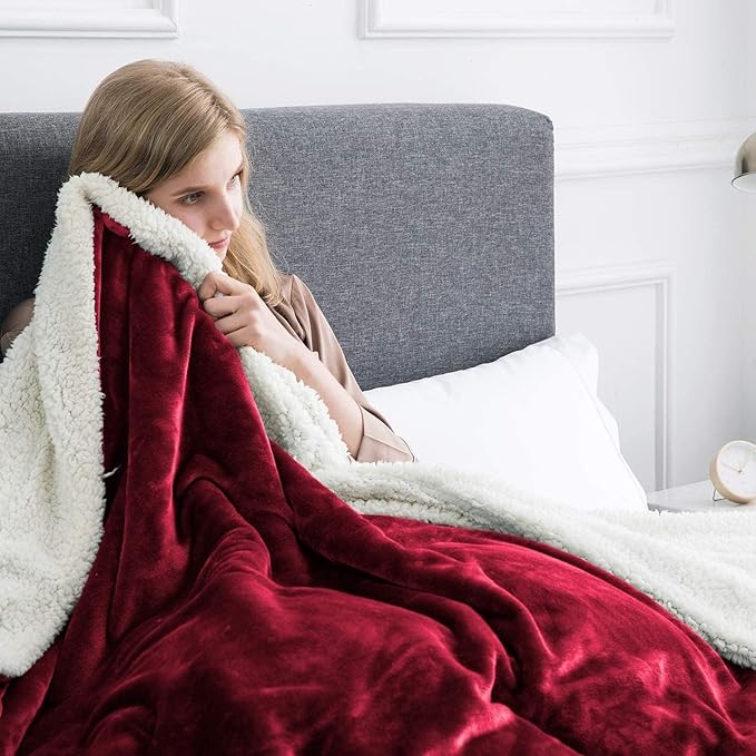 IR Imperial Rooms Sherpa Fleece Throw Blanket for Couch - Soft and Fuzzy Blanket for Winter - Reversible Thick and Warm Fluffy Throw Blankets for Bed, Sofa, Camping and Travel, Burgundy, 50x60 Inches