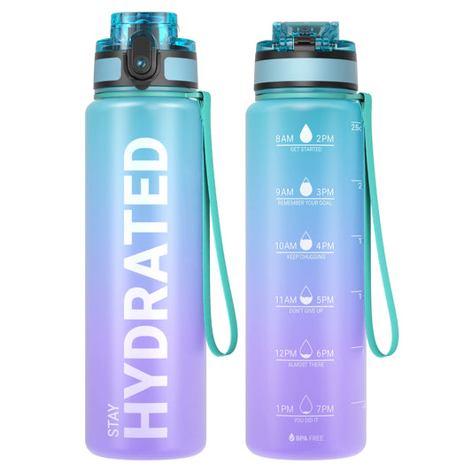 Sahara Sailor Water Bottles, 25oz Motivational Sports Water Bottle with Time Marker - Times to Drink - Tritan, BPA Free, Wide Mouth Leakproof, Fast Flow Technology with Clean Brush (1 Bottle)