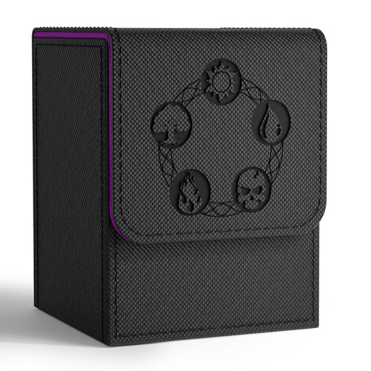 ZLCA Card Deck Box for Trading Cards with 2 Dividers, Card Storage Box Fits 100+ Single Sleeved Cards, PU Leather Strong Magnet Card Deck Case Holder for Magic Commander TCG CCG (Black&Purple)
