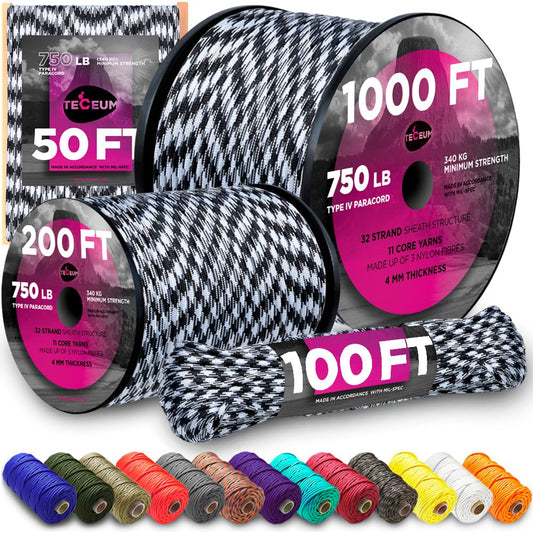 TECEUM Paracord Type IV 750 lb Urban Camo – 50 ft – 4mm – 100% Nylon Strong Tactical MIL–SPEC Parachute Cord – Survival Rope Emergency Para Cord 11 Strands Core EDC Camping Hiking Military Gear 1607а
