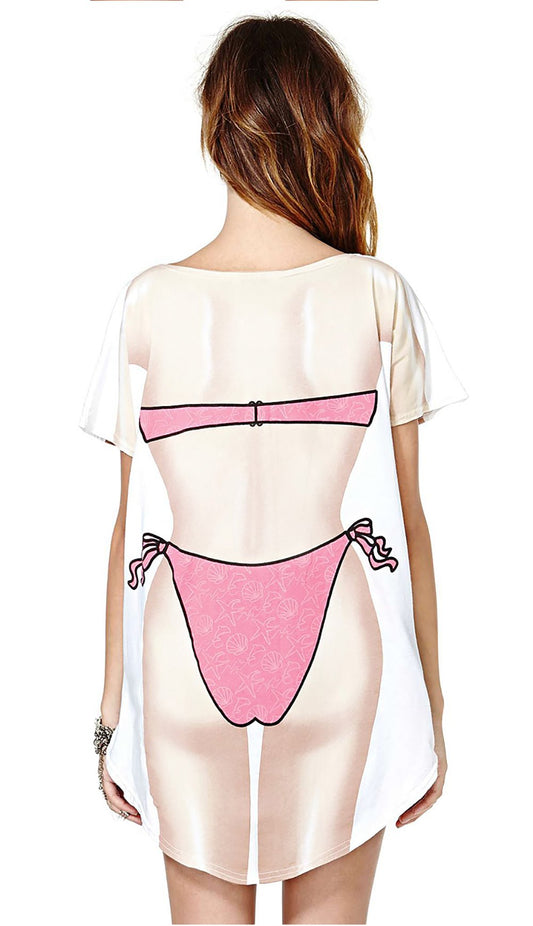 JEYKAY Lady's Cute Bikini Print Cover Up T-Shirt Loose Long Dress (White, M)