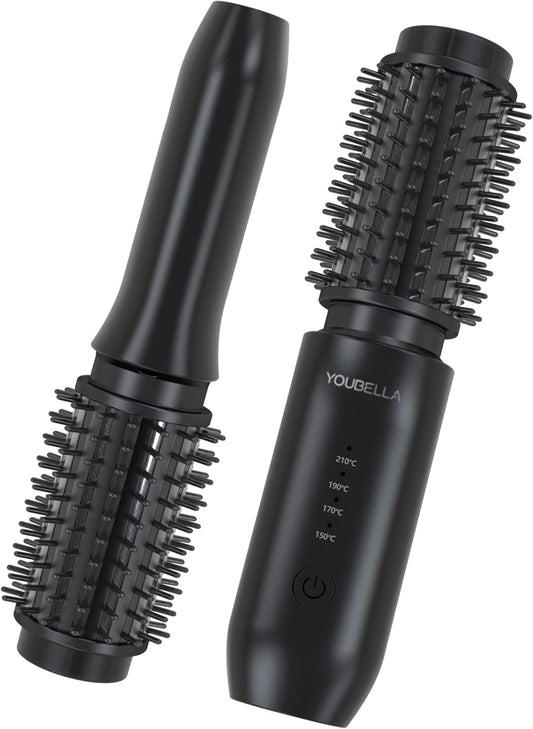 Cordless Hair Curling Iron Brush, Mini Travel Hot Straightener Comb, 3-In-1 Portable Wave Curling Wand, 1.5″ Ionic Heated Brush, USB Rechargeable Hair Curler, All Black –No Automatic Rotation