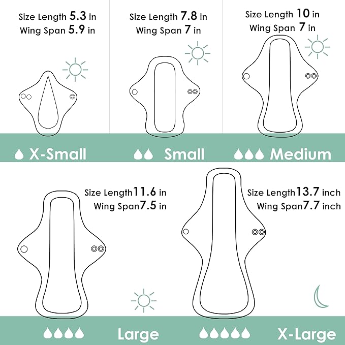 wegreeco 6 Pcs Reusable Menstrual Pads, Ultra Absorbent Cloth Pads for Heavy Flow, Sanitary for Teens, Women, Nonslip, Grey Inner, Black Outer, X-Small