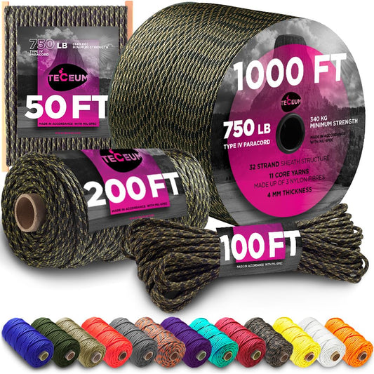 TECEUM Paracord Type IV 750 lb Veteran – 50 ft – 4mm – 100% Nylon Strong Tactical MIL–SPEC Parachute Cord – Survival Rope Emergency para Cord 11 Strands Core EDC Camping Hiking Military Gear 303a
