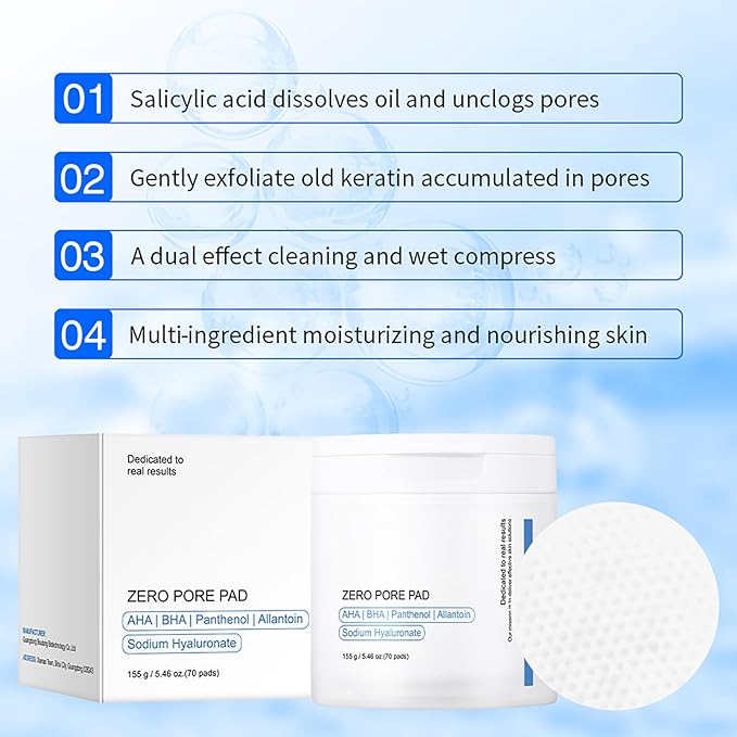 Salicylic Acid Toner Cotton Pads For Face, with AHA BHA Glycolic acid Gentle Exfoliator Pore Cleaner & Minimizer Blackhead Whitehead Remover for Oily and Acne-Prone Skin 70 Sheets