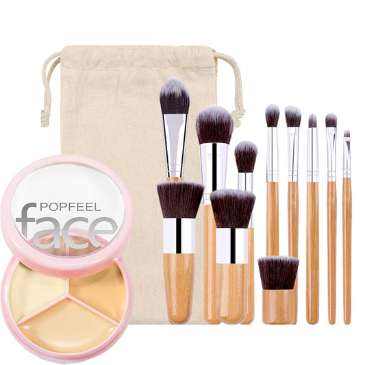Concealer Cream Palette with 11 Pcs Premium Makeup Brush Set, 3 Color Waterproof Long-Lasting Full Face Cosmetics Cream Concealer Kit for Light Fair Skin, Women Birthday Makeup Gift Idea