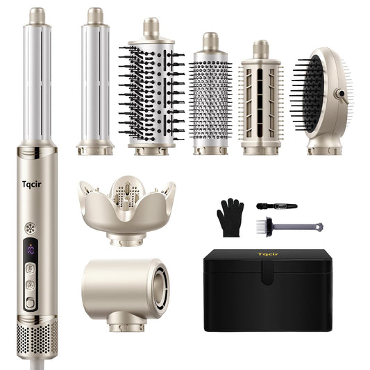 8-in-1 Professional Hot Air Styler&Hair Dryer Brush, Powerful Multi-Styler with Auto-Wrap Curler with Storage Case, Fast Drying Curling Straightening Volumizing Without Heat Damage(Gold)