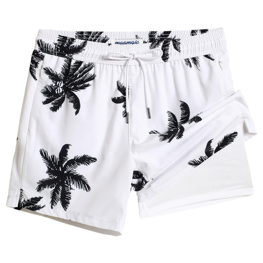 maamgic Mens Swim Trunks with Compression Liner 5" Stretch Beach Shorts Quick Dry with Zipper Pockets No-Chafing Board Shorts White-Palm Tree XS