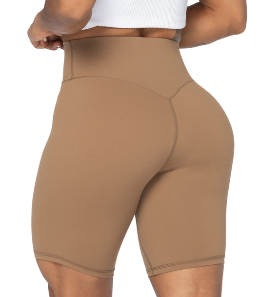 Sunzel 8" High Waist Biker Shorts for Women No Front Seam Soft Yoga Workout Gym Bike Shorts Tummy Control Squat Proof Brown