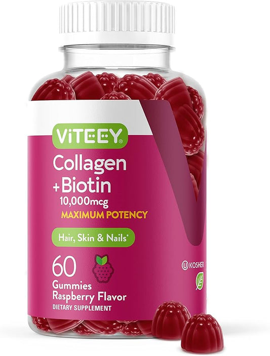 Collagen and Biotin Gummies for Hair Skin and Nails - Hair Growth Vitamins, Nail Growth, Skin Vitamins - Biotin and Collagen Gummies for Women, Men, & Teens - Tasty Chewable Raspberry Flavored Gummy
