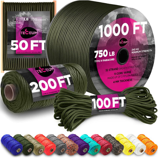 TECEUM Paracord Type IV 750 lb Army Green – 50 ft – 4mm – 100% Nylon Strong Tactical MIL–SPEC Parachute Cord – Survival Rope Emergency Para Cord 11 Strands Core EDC Camping Hiking Military Gear 010a n