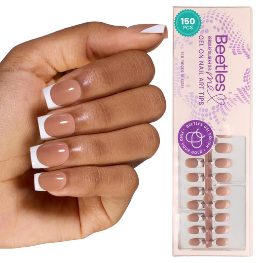 Beetles Pre-French Tips Gel Nail Tips for Dark Skins- 4 in 1 150 PCS Short Square Brown French Tip Press on Nails Etch X Pre-Primer Base Coat, No File Need Easy False Nail Tips DIY Gift for Women