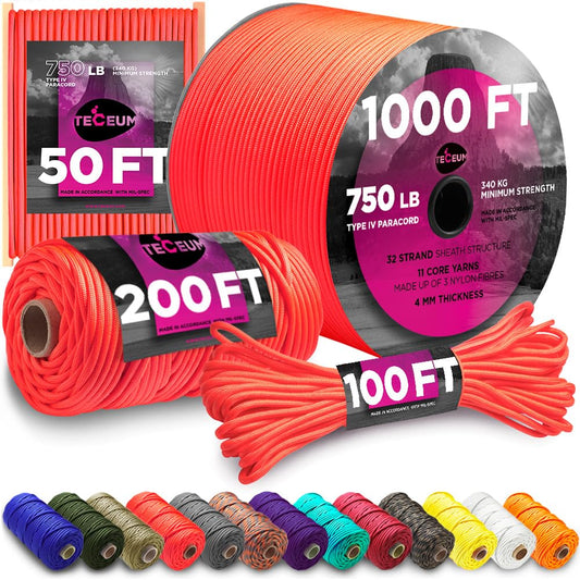 TECEUM Paracord Type IV 750 lb Soffit Orange – 50 ft – 100% Nylon Strong Tactical MIL–SPEC Parachute Cord – Survival Rope Emergency para Cord 11 Strands Core EDC Camping Hiking Military Gear 345a
