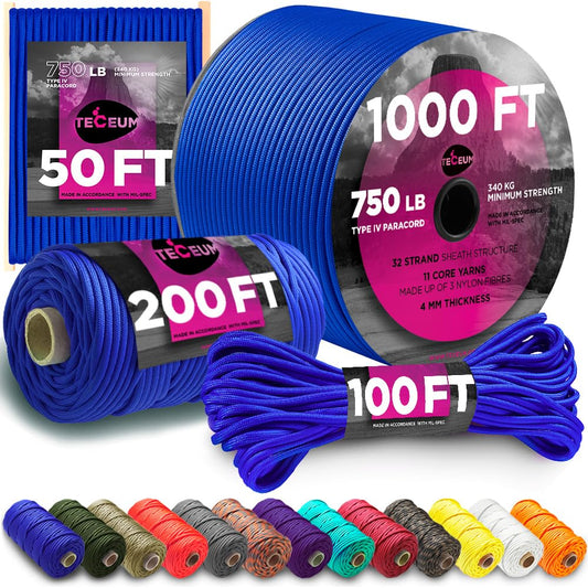 TECEUM Paracord Type IV 750 lb Simple Blue – 50 ft – 4mm – 100% Nylon Strong Tactical MIL–SPEC Parachute Cord – Survival Rope Emergency Para Cord 11 Strands Core EDC Camping Hiking Military Gear 001a