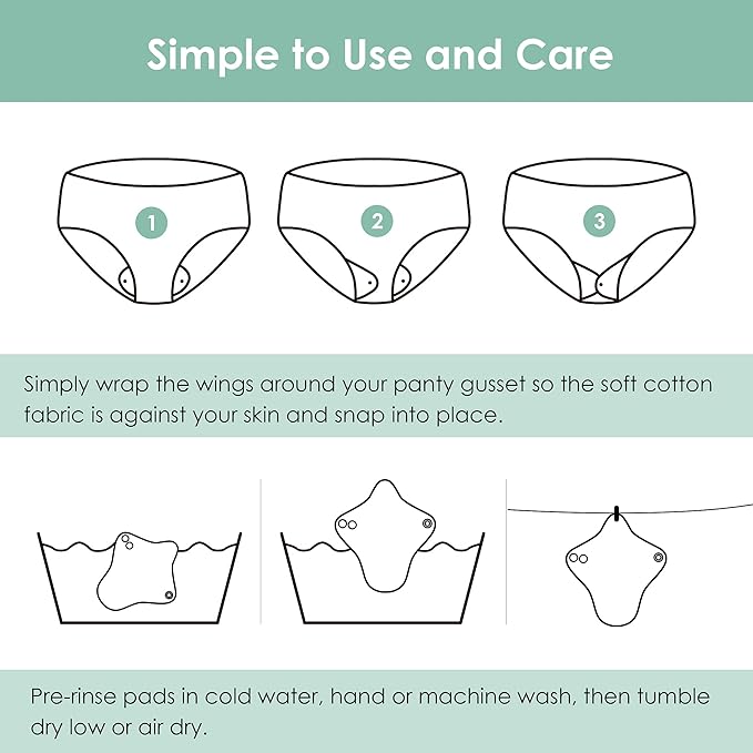 wegreeco 6 Pcs Reusable Menstrual Pads, Ultra Absorbent Cloth Pads for Heavy Flow, Sanitary for Teens, Women, Nonslip, Grey Inner, Black Outer, X-Small