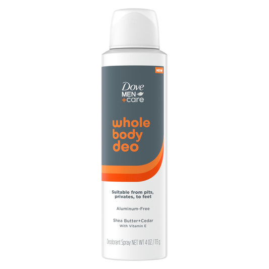 Dove Men+Care Whole Body Deo Aluminum-Free Deodorant Spray Shea Butter + Cedar Suitable from Pits, Privates, to Feet with Vitamin E 4 oz