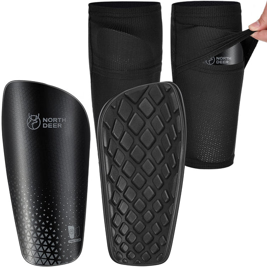 Soccer Shin Guards for Kids incl. Sleeves with Optimized Insert Pocket - Protective Soccer Equipment for Boys Girls Children (Black S)